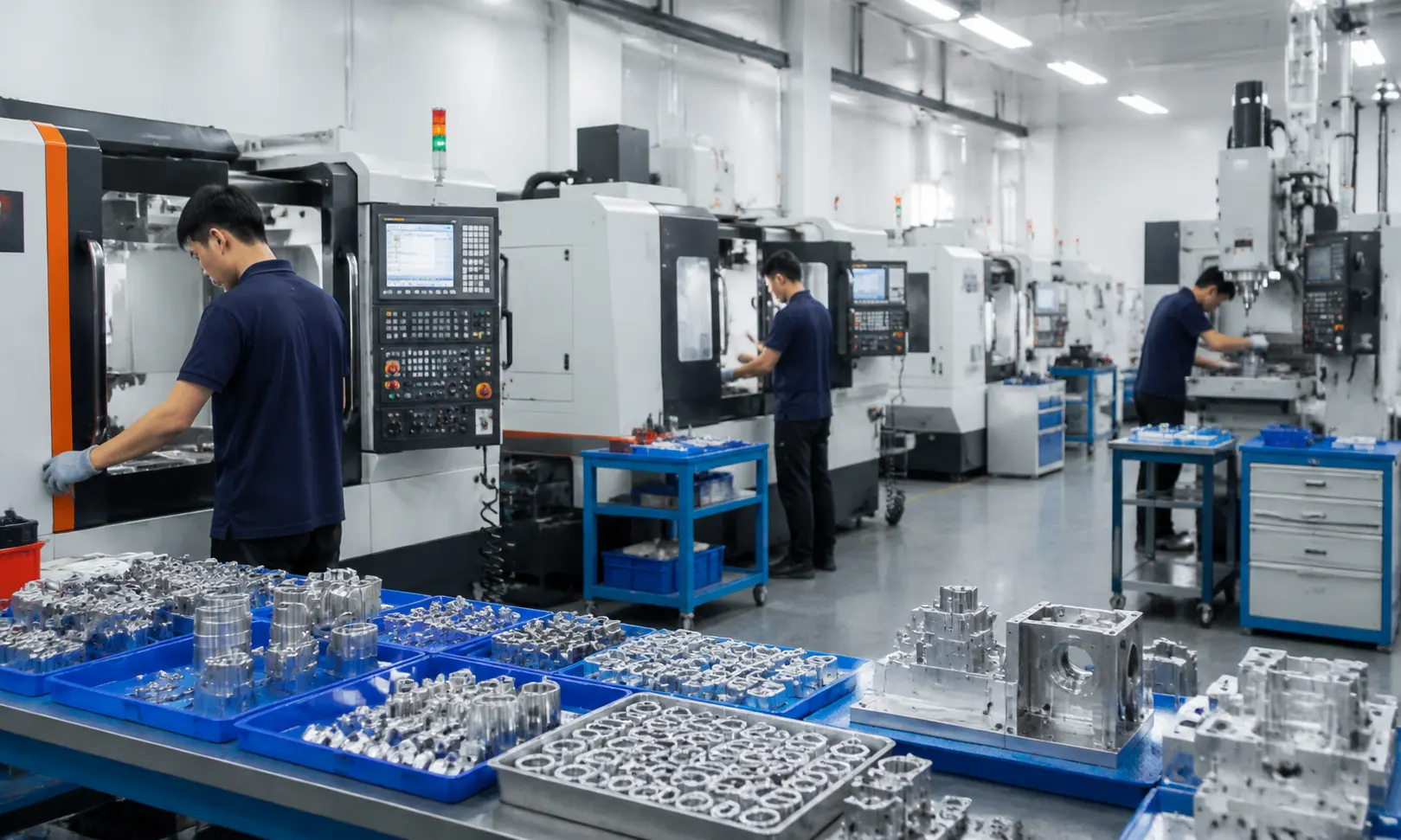 CNC machining workshop with several CNC turning and milling centers, operators setting up parts, and trays of finished precision components.