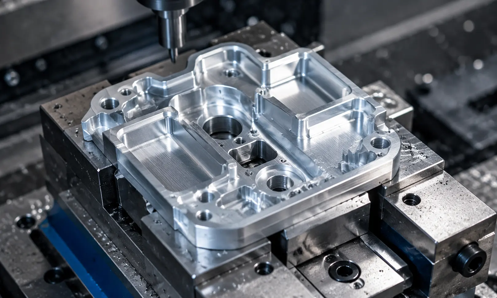 Close view of an aluminum prototype component clamped in a CNC milling machine vise, showing detailed pockets, chamfers, and a high-quality machined surface.
