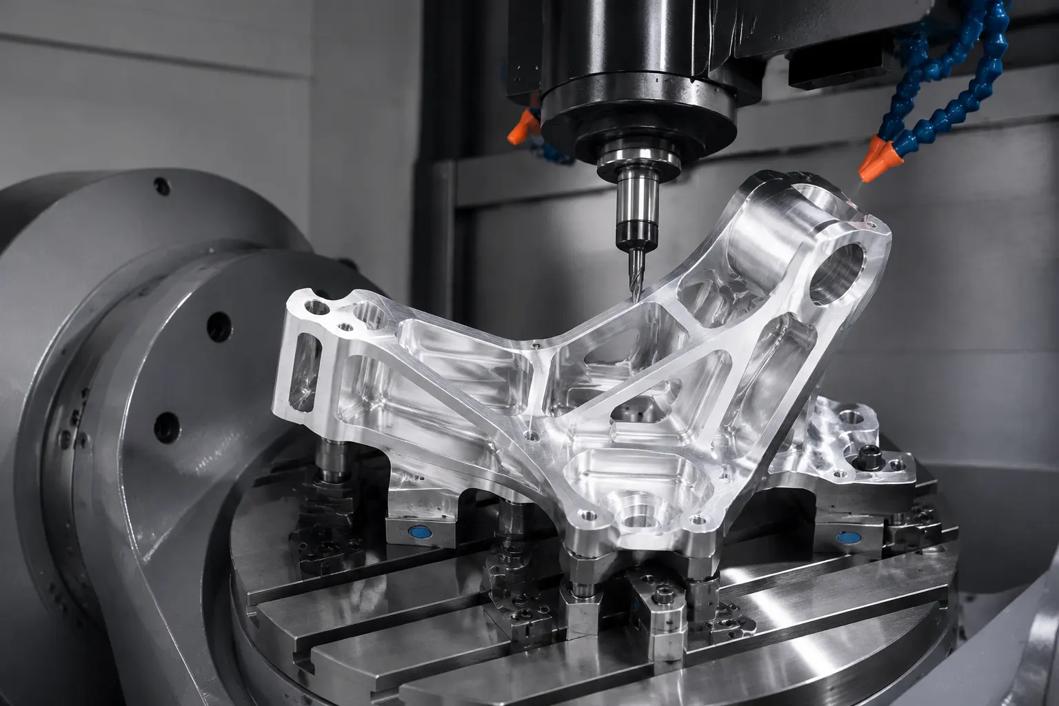 5-axis CNC machine milling a complex aluminum aircraft bracket; recommended size 1200x800px