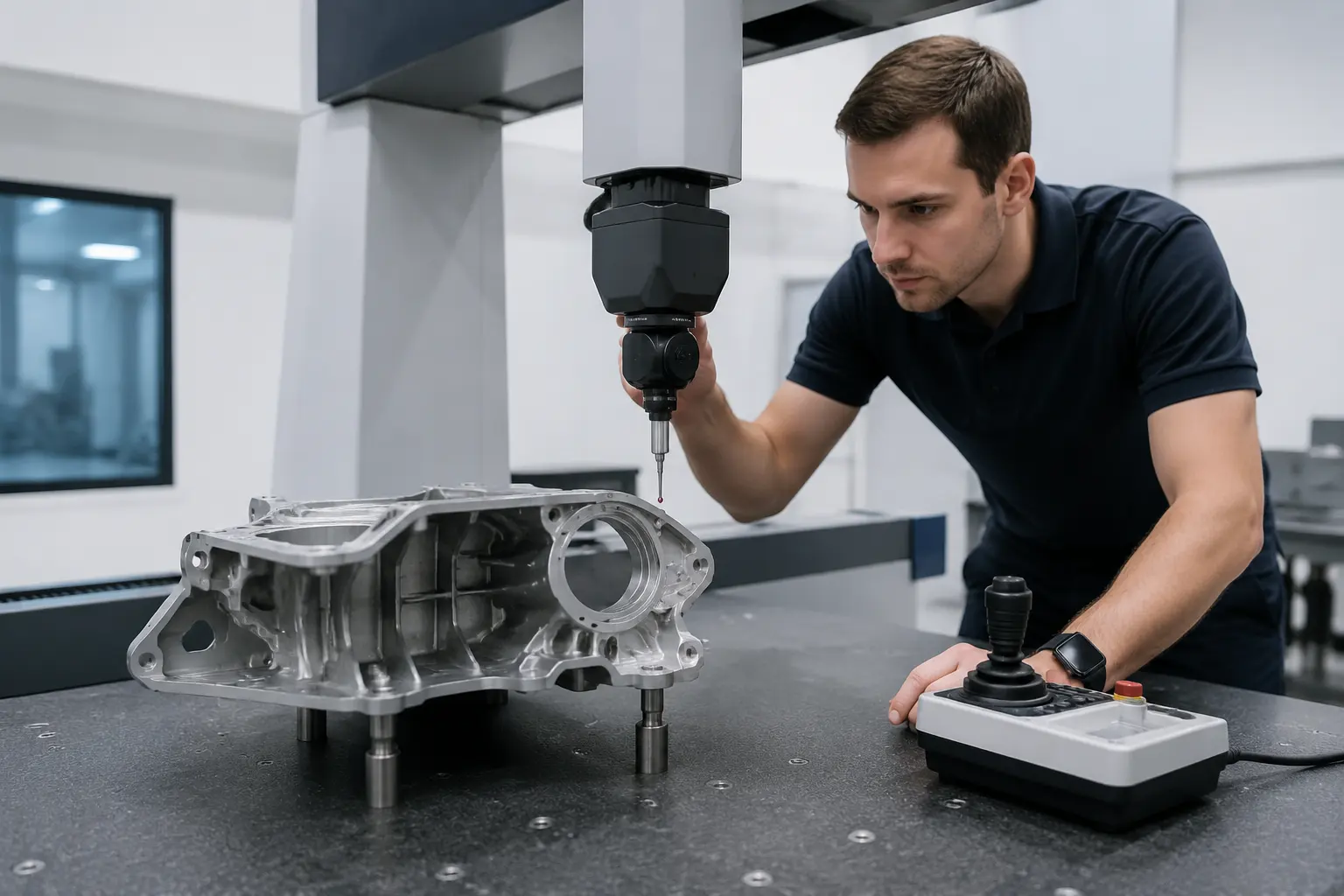Quality engineer using a CMM to inspect a complex aircraft component in a metrology lab; recommended size 1200x800px