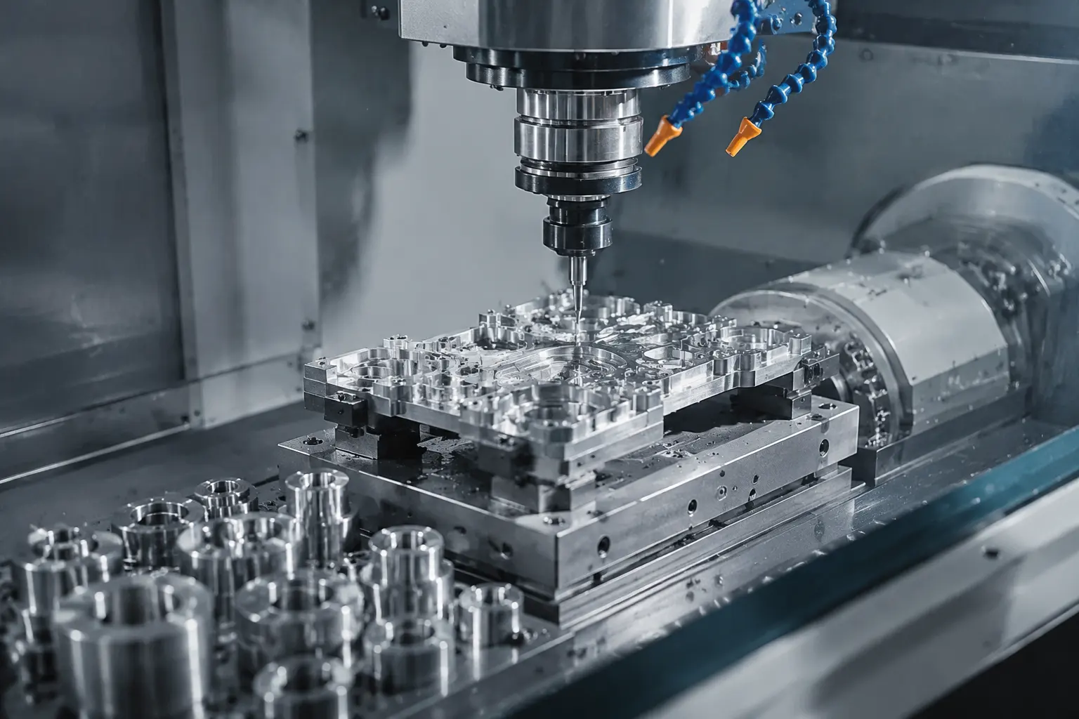 CNC machining center in operation with precision components being manufactured, 600x400px