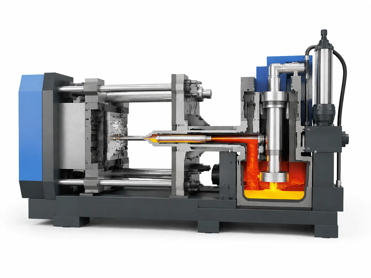 Hot chamber die casting machine diagram showing injection mechanism, 400x300px