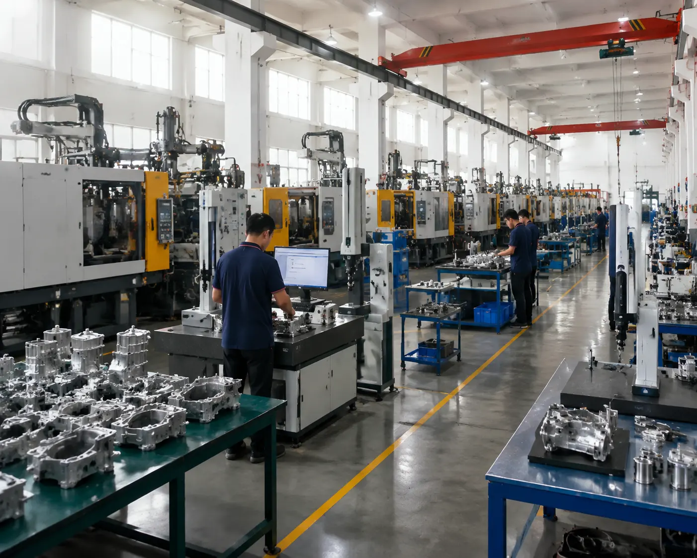 Factory interior showing die casting machines and quality control stations, 500x400px
