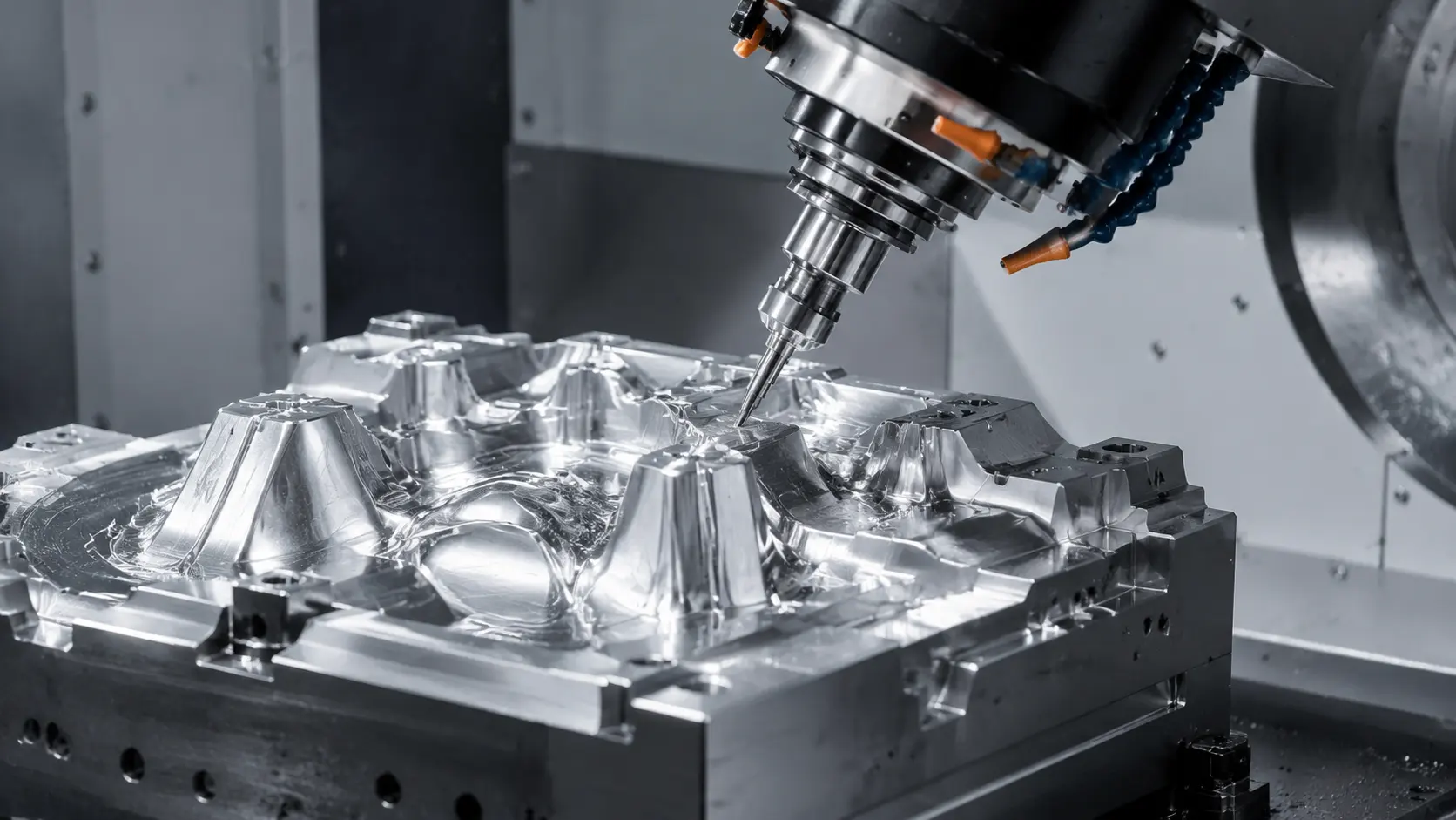 5-axis machining center finishing a complex injection mold core, 1600x900 pixels