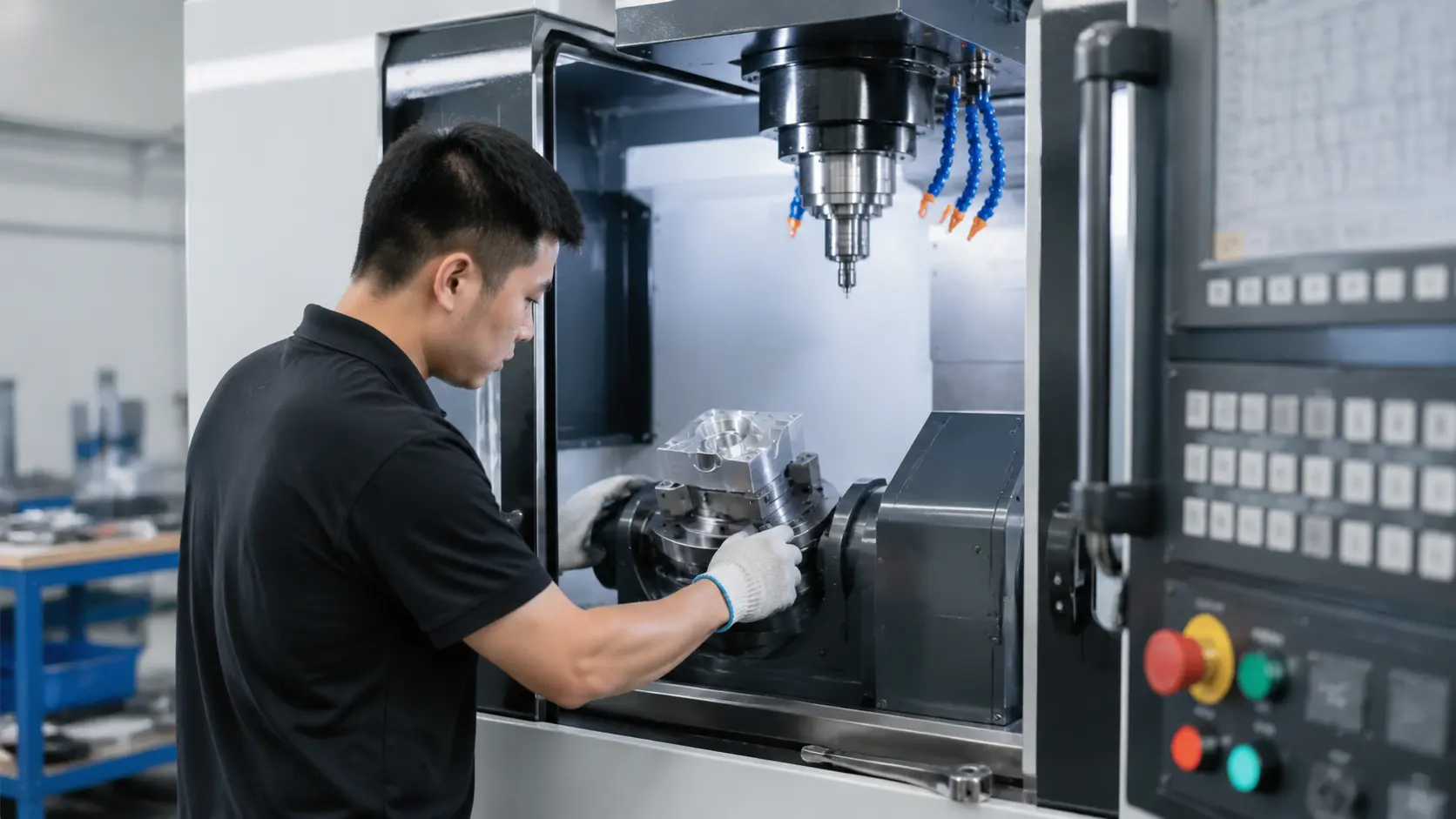 Operator setting up a 5-axis CNC machining center for a prototype run in a clean, organized workshop, 1600x900 pixels