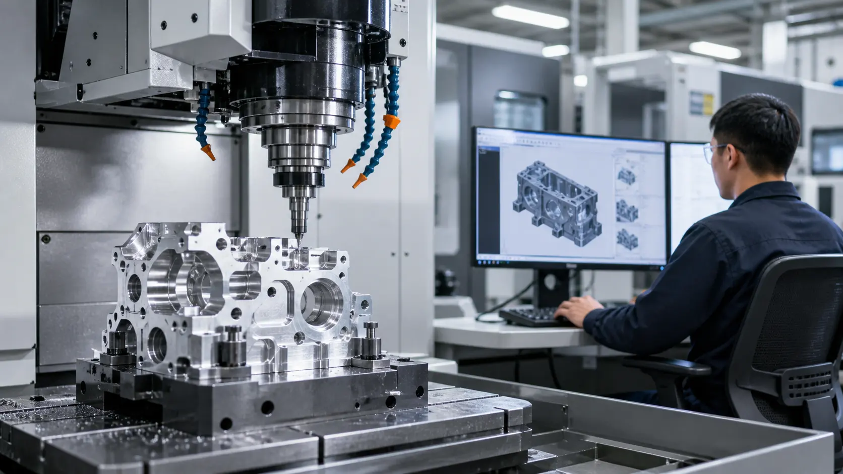 Modern CNC machining center cutting a complex automation component, with an operator reviewing digital drawings at a workstation