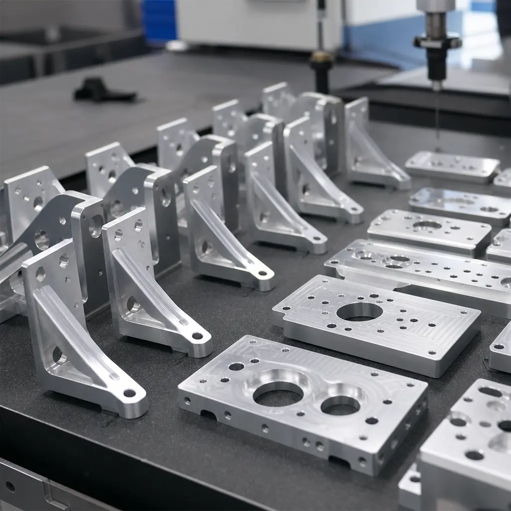 Close-up of precision CNC machined aluminum brackets and plates for automation equipment, arranged for inspection in a clean workshop